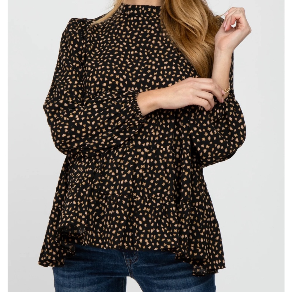 Maternity Top: Black Animal Print Mock Neck Tiered